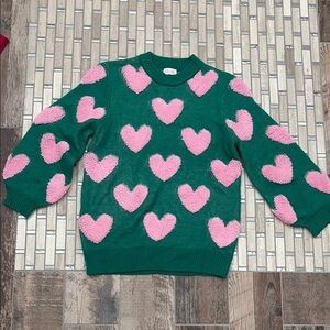 Pink Lily Green and Pink Crew Neck Sweater with Heart Pattern